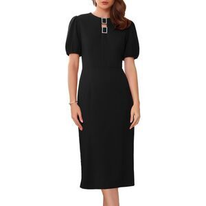 Women's Sheath Dress Puff Sleeve Keyhole Round Neck Midi Pencil Dress Black